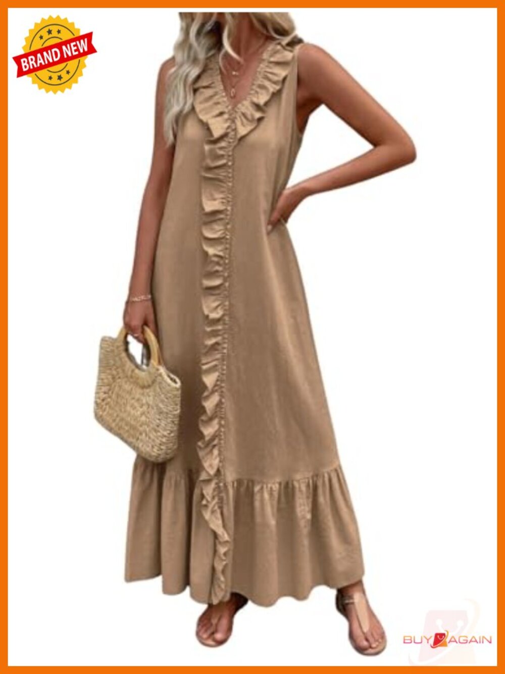 Rayon Linen Cotton Tank Dress Boho Sleeveless Ruffle Maxi Sundress